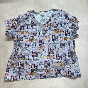 Vintage Disney Mickey Mouse Minnie Mouse Pluto Halloween Themed Print Scrub Top